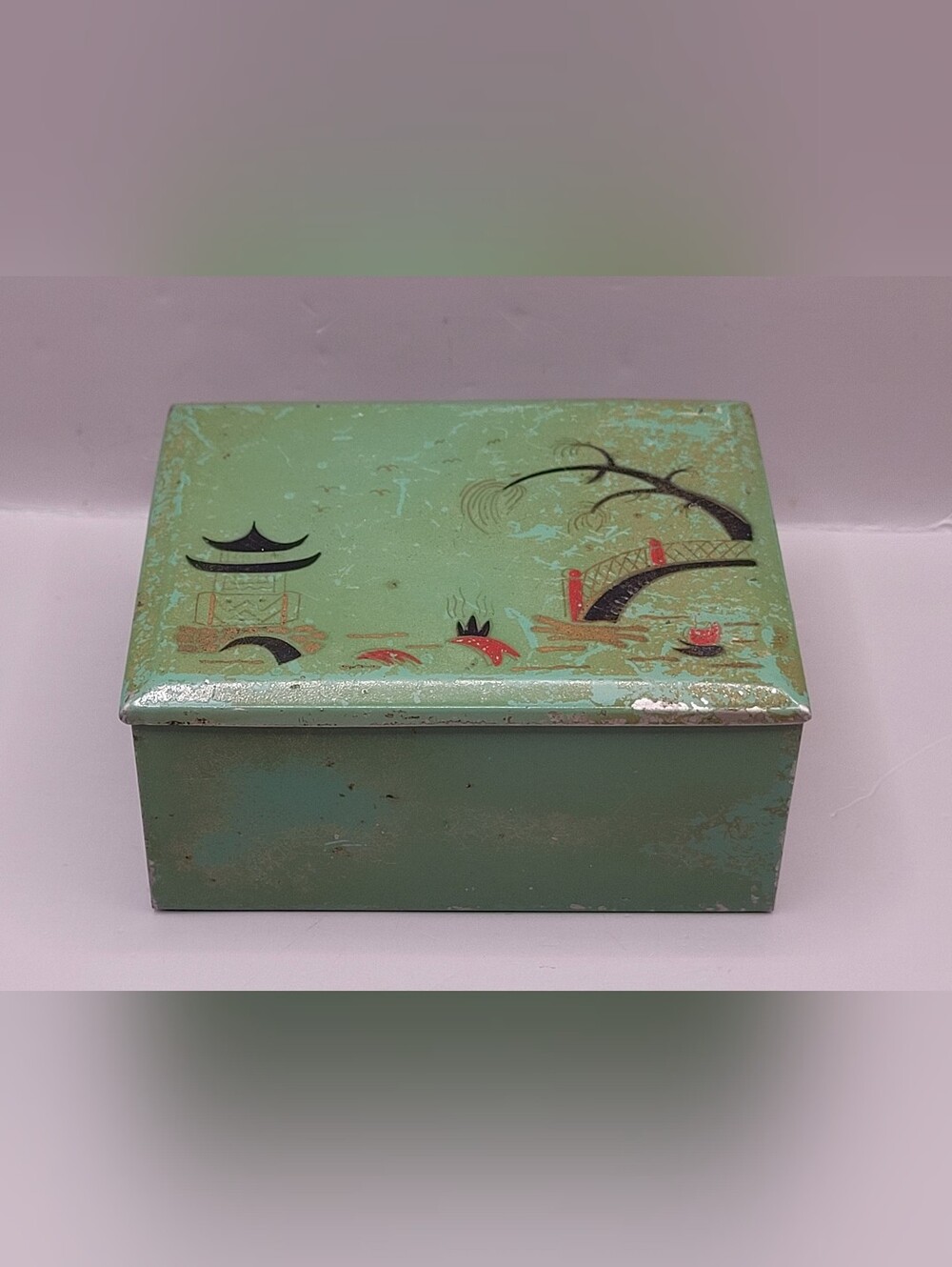 Vintage Chinoiserie Metal Wood Lined Cigarette Box Trinket Tin Green 4x3x2